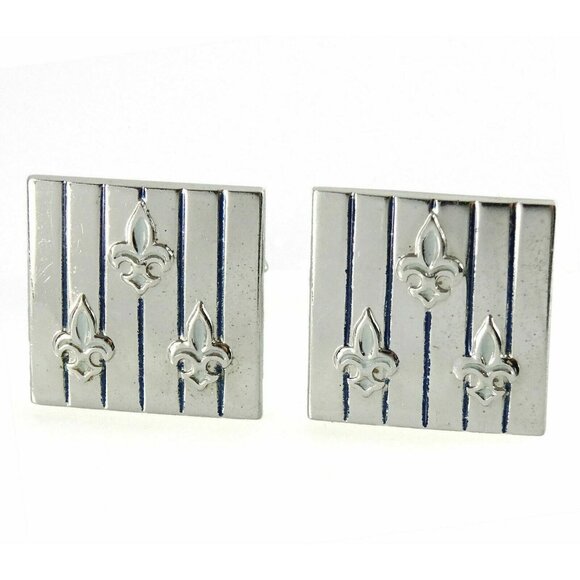 Swank Fleur de Lys Lis Cufflinks Vintage Silvertone w Blue Enamel Silvertone - Picture 1 of 2